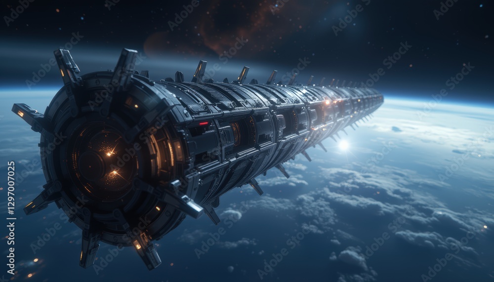 Poster long spaceship with multiple thrusters and earth in background