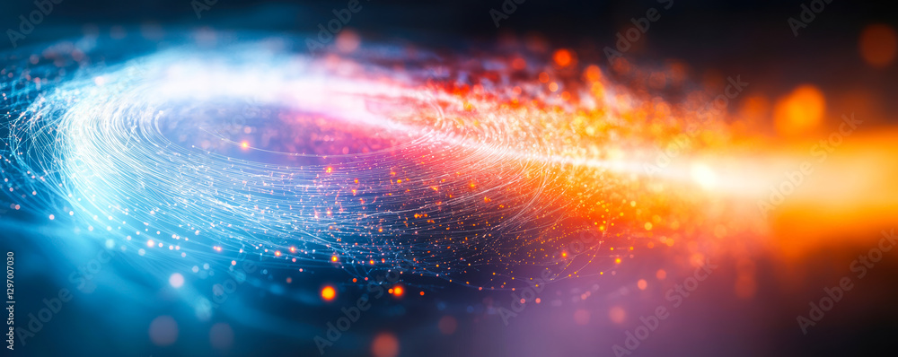 Poster abstract digital network concept with dynamic swirling lines and glowing points depicting connectivi