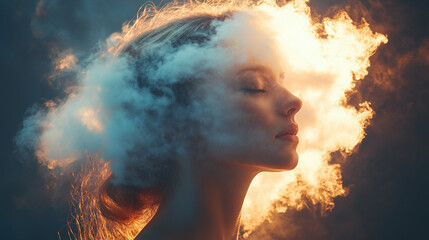 Beautiful young woman's head enveloped by fluffy white cloud obscuring her face, symbolizing brain fog and mental confusion. Studio shot on neutral background. Modern conceptual art