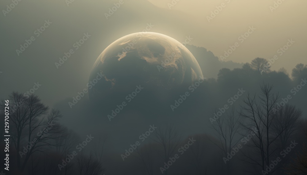 Poster giant planet behind misty trees creating ethereal scene