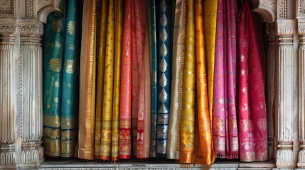 Colorful traditional fabrics displayed in a row, showcasing intricate patterns and vibrant hues in a beautifully ornate setting.