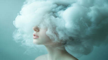 Beautiful young woman's head enveloped by fluffy white cloud obscuring her face, symbolizing brain fog and mental confusion. Studio shot on neutral background. Modern conceptual art