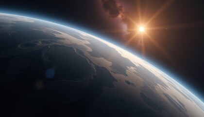  Earth with Sun Flare and Galaxy in the Background