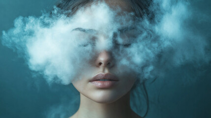 Beautiful young woman's head enveloped by fluffy white cloud obscuring her face, symbolizing brain fog and mental confusion. Studio shot on neutral background. Modern conceptual art