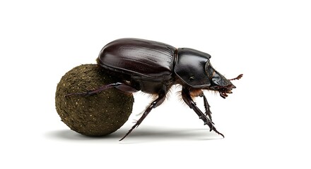 A photorealistic image of a dung beetle rolling a small ball of dirt, its tiny legs gripping the surface, against white