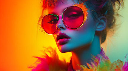 Obraz premium Stylish woman portrait vibrant colors red sunglasses fashion model colorful bokeh background studio