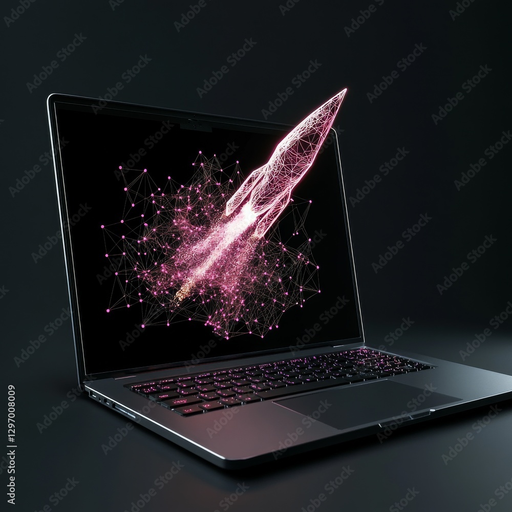 Poster laptop screen displaying a 3d neon rocket launching with dotted connections on a black background.