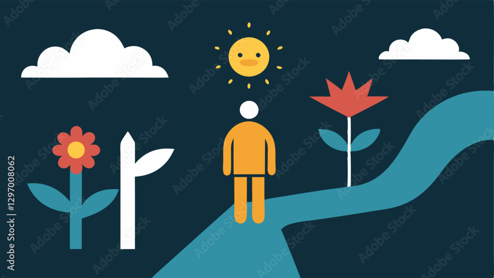Aufkleber two paths a figure standing at a fork in the road one path labeled doubt with dark clouds and rocks 