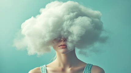 Beautiful young woman's head enveloped by fluffy white cloud obscuring her face, symbolizing brain fog and mental confusion. Studio shot on neutral background. Modern conceptual art