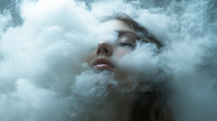 Beautiful young woman's head enveloped by fluffy white cloud obscuring her face, symbolizing brain fog and mental confusion. Studio shot on neutral background. Modern conceptual art