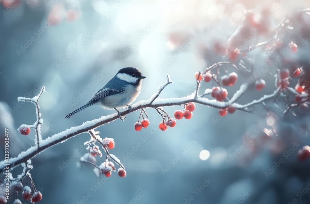Poster winter scene with a small bird sitting on a frosted branch surrounded by red berries in a softly lit