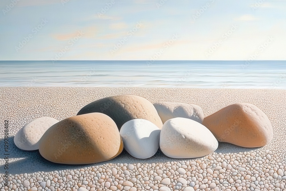 Poster smooth, colorful pebbles resting on a serene beach with gentle waves in the background
