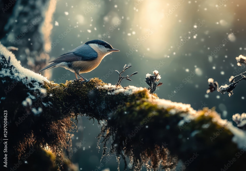 Poster Winter Scene with Small Bird Perched on a Snowy Moss-Covered Branch in a Forest with Soft Snowfall and Gentle Light Glowing in the Background