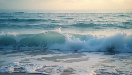  Powerful waves crashing on the shore with white foam and mist at sunrise