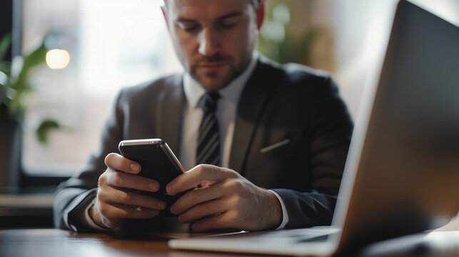 Empres&aacute;rio de terno com celular nas m&atilde;os. Homem digitando mensagem e verificando not&iacute;cias do mercado financeiro.
