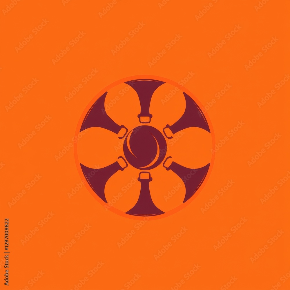 Poster a stylized illustration of a circular object with six elements on an orange background, showcasing v