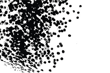 Particles texture, grainy grunge abstract overlay on white background. Liquid spray or drop. Black ink blobs random drop on white background. Splatter of circle shapes for artistic brush. Vector.