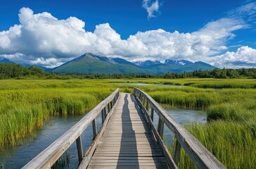 Obraz premium Wooden Boardwalk Through Lush Green Marshland with Majestic Mountains and Dramatic Skies Under Bright Sunshine in a Serene Natural Landscape