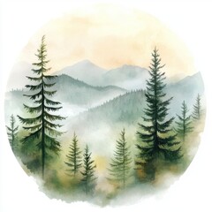 Fototapeta premium Serene watercolor landscape featuring lush green pine trees against soft, misty mountains.