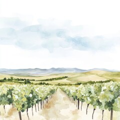 Obraz premium A serene vineyard landscape, showcasing rows of lush green vines under a soft blue sky.