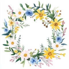 Obraz premium A vibrant floral wreath featuring daisies and other blossoms in soft colors, perfect for spring decor.