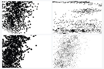 Set of particles texture, grainy grunge abstract overlay on white background. Liquid spray or drop set. Black ink blobs random drop on white background. Splatter of circle shaped black dirt. Vector.