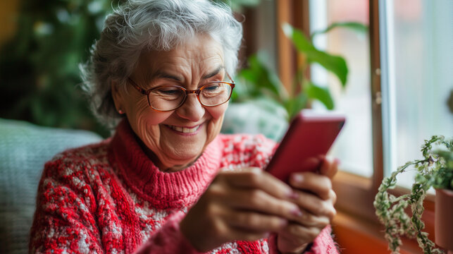 Uma idosa simp&aacute;tica sentada em seu sof&aacute; fica feliz com a not&iacute;cia que recebe em seu smartphone.