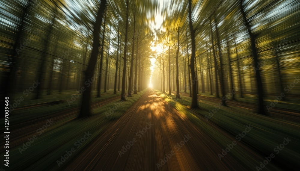 Aufkleber a forest with a dirt path and sunlight filtering through the trees casting long shadows on the groun