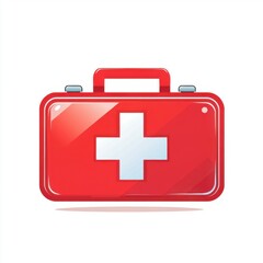 Obraz premium A vibrant red first aid kit with a white cross on a clean background, symbolizing health and safety.