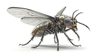 A surreal digital artwork of a biomechanical insect, its metallic body gleaming against a white background