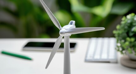 Miniature wind turbine model on a desk with greenery in the background