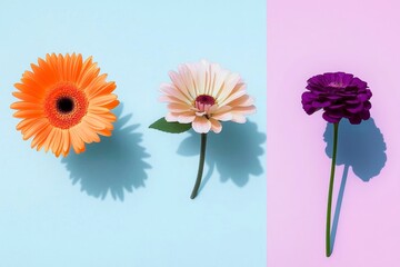 Captivating trio of flowers showcasing vibrant colors and delicate forms in a minimalist arrangement