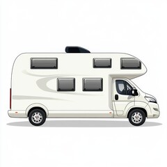 Stylish white camper van with sleek design and large windows, perfect for road trips.