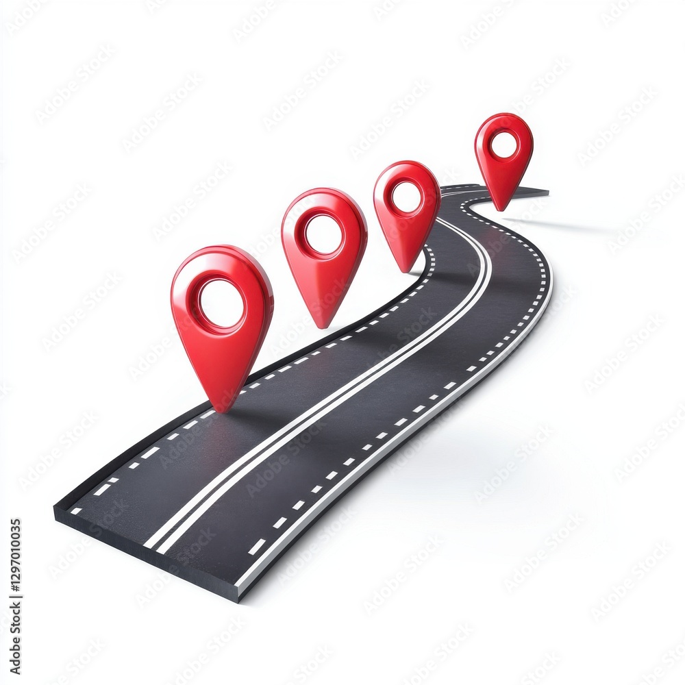 Aufkleber a conceptual image of a winding road with red location markers emphasizing navigation and travel.