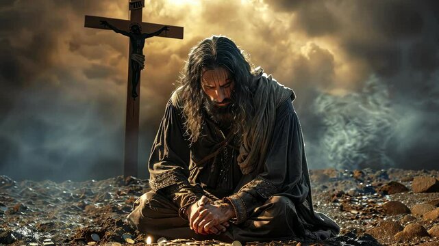Judas betrays Jesus: moment of silver, act of betrayal, tragic scene, redemption symbol, Christ crucifixion, hope and loss, sorrow and consequence, divine sacrifice, faith trial, eternal meaning.