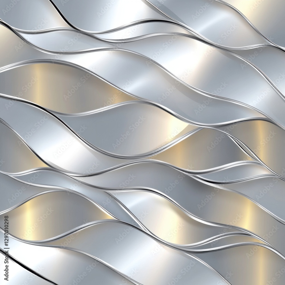Poster a stunning abstract pattern of flowing silver waves with subtle gold highlights, creating a dynamic 