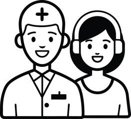 Hospital call center operator and medical doctor line art icon