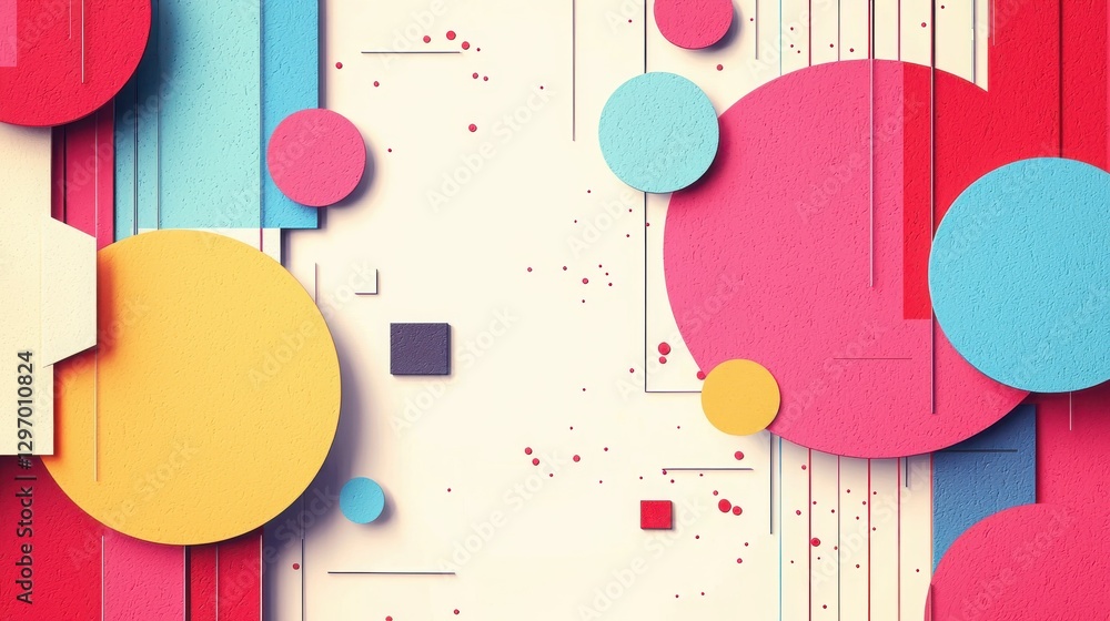 Poster colorful geometric shapes create a vibrant abstract design with circles, squares, and lines in vario