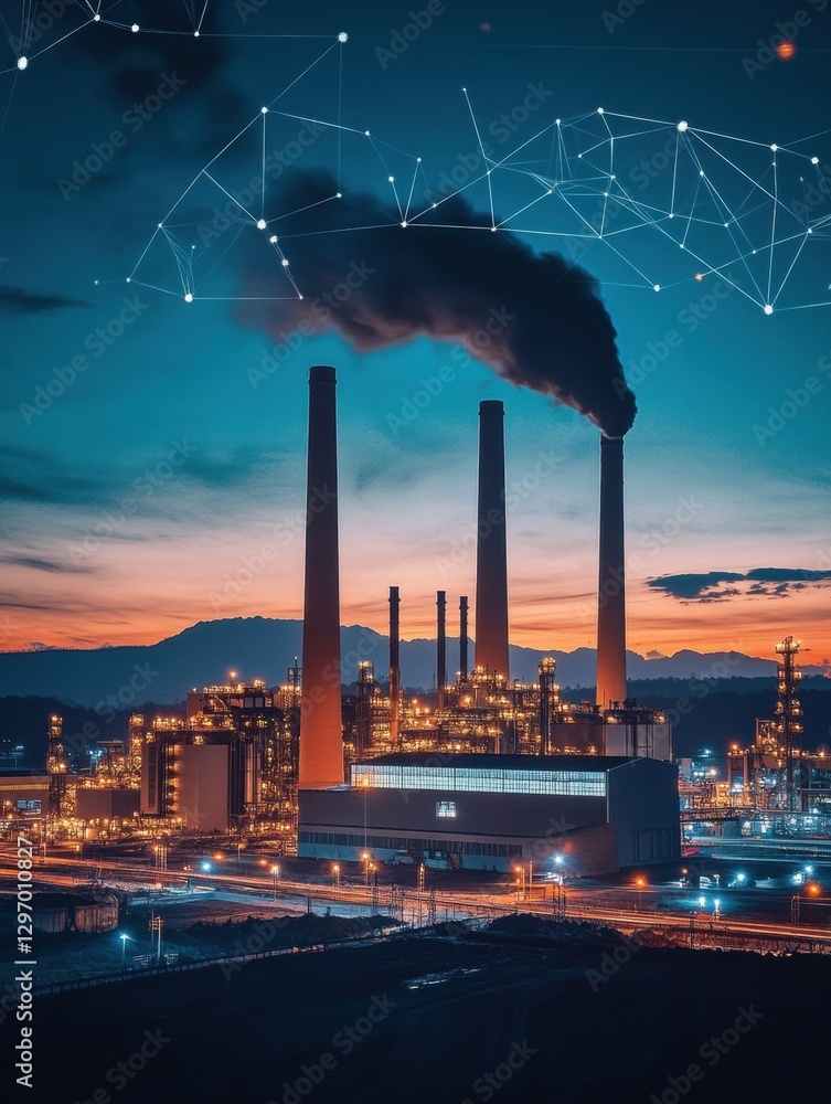 Poster industrial complex illuminated at night with smoke rising from chimneys against a colorful sky. gene