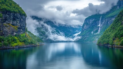 Fototapeta premium Dramatic Fjord with Deep Blue Waters Reflecting Towering Cliffs