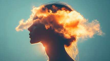 Beautiful young woman's head enveloped by fluffy white cloud obscuring her face, symbolizing brain fog and mental confusion. Studio shot on neutral background. Modern conceptual art