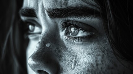 Fototapeta premium Close-up of a woman's tearful eye, expressing deep emotion and sadness, captured in black and white with striking detail.