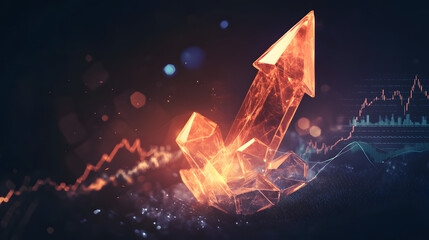 An arrow pointing upwards, made of glass, glowing and shining with light effects
