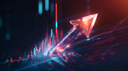 An arrow pointing upwards, made of glass, glowing and shining with light effects
