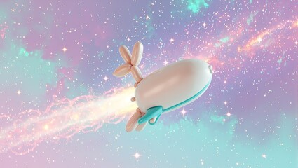 Naklejka premium A playful balloon animal rocket flies through a pastel nebula with sparkling stars leaving a whimsical trail in the sky