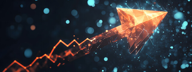 An arrow pointing upwards, made of glass, glowing and shining with light effects
