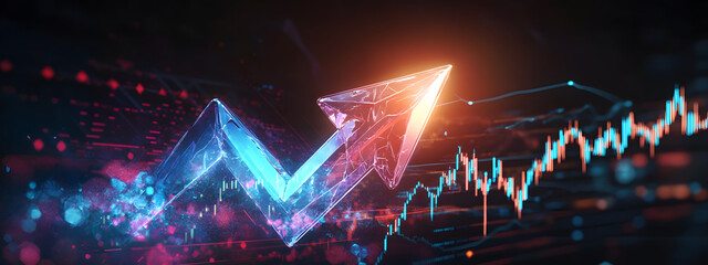 An arrow pointing upwards, made of glass, glowing and shining with light effects
