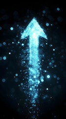 An arrow pointing upwards, made of glass, glowing and shining with light effects
