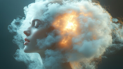 Beautiful young woman's head enveloped by fluffy white cloud obscuring her face, symbolizing brain fog and mental confusion. Studio shot on neutral background. Modern conceptual art