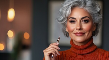 Obraz premium Elegant Senior Businesswoman: A close-up captures a stylish senior businesswoman. She has graceful, silver hair, wearing a warm orange turtleneck sweater. She holds a pen.